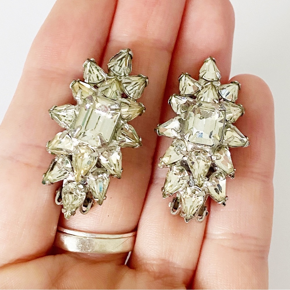 Vintage clear rhinestone large statement earrings clip on style silver tone